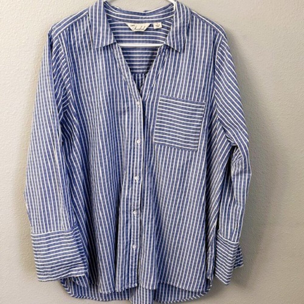 Caffé Marrakesh Blue White Striped Linen Blend Button Down Shirt Large - Picture 7 of 12